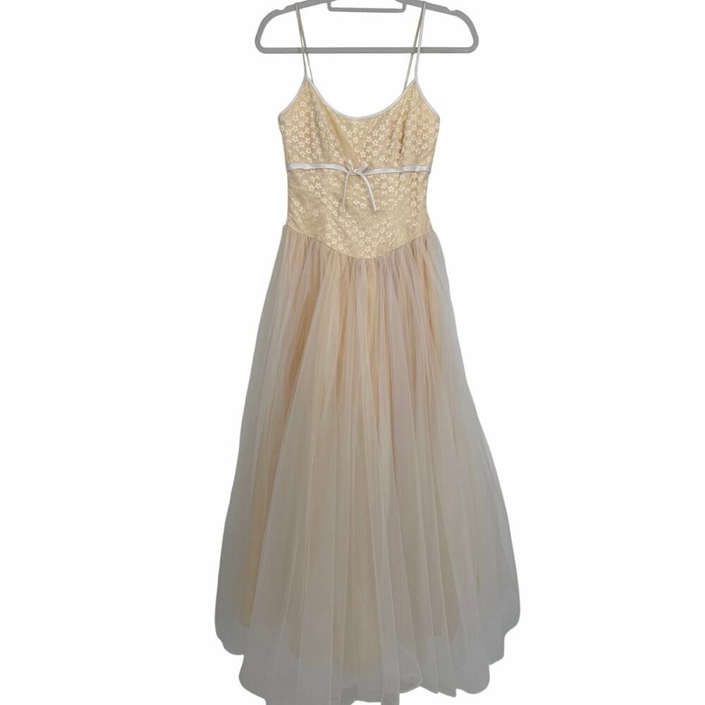 VTG Yellow Tulle Maxi Dress Formal 3/4 XS Floral Prom Romantic Princesscore 90s